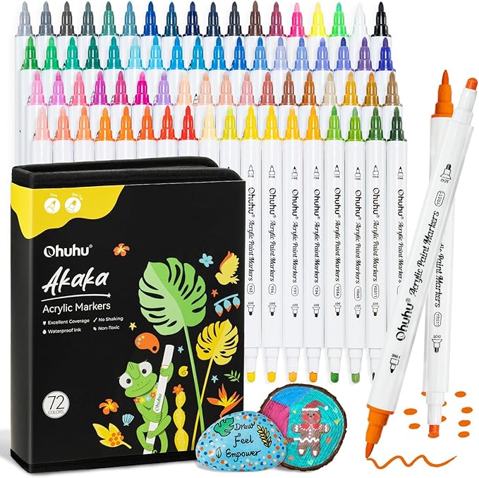 Ohuhu Acrylic Paint Markers Dual Tips: 72 Colors Fine & Dot Paint Pens High Opacity Acrylic Markers Waterproof Lightfast for Christmas Gifts Rock Painting 3D Prints Egg Wood Glass Ceramic DIY Crafts
