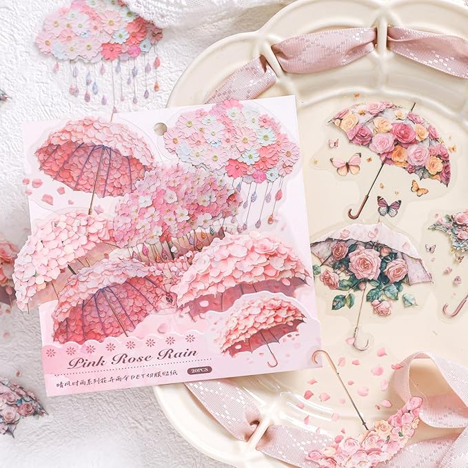 120 Pieces Vintage Fantasy Floral Umbrella PET Stickers, Aesthetic Decorative Flower Umbrella Scrapbook Stickers for DIY Diary Junk Journal Handbook Album Decoration Journaling Scrapbooking Supplies