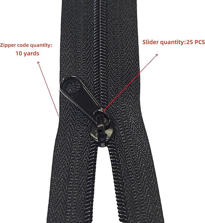 MebuZip #3 Nylon Coil Zippers by The Yard Bulk Zipper Roll Zipper Tape 10 Yards with 25pcs Pulls for Sewing Tailor DIY Craft Bags Pillows (Black 10Yards)