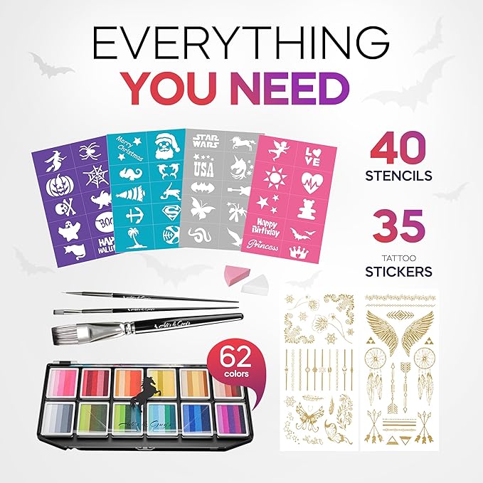 Face Paint Kit for Kids – Twin Palette with 12 Split Cake Colors, 3 Brushes & 5 Reusable Stencils – Non-Toxic, Paraben-Free, Easy to Use & Wash Off – Ideal for Parties, Halloween & Playtime.