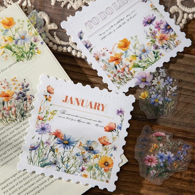 90PCS Floral PET Stickers, Botanical Flower Scrapbook Stickers for Journaling, DIY Crafts and Planner Decoration, Transparent Waterproof Junk Journal Supplies