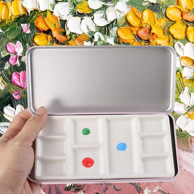Travel Watercolor Palette, Portable Ceramic Palette 9 Well, Watercolor Palette with Lid, Empty Wet Palette Metal Paint Box with Porcelain Palettes(Pink Box)