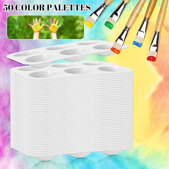 50 PCS White Plastic Watercolor Palette, 6 Well Rectangular Paint Palettes, Paint Tray Palettes, Paint Trays for Kids, for Painting, DIY Craft, Art Painting Class