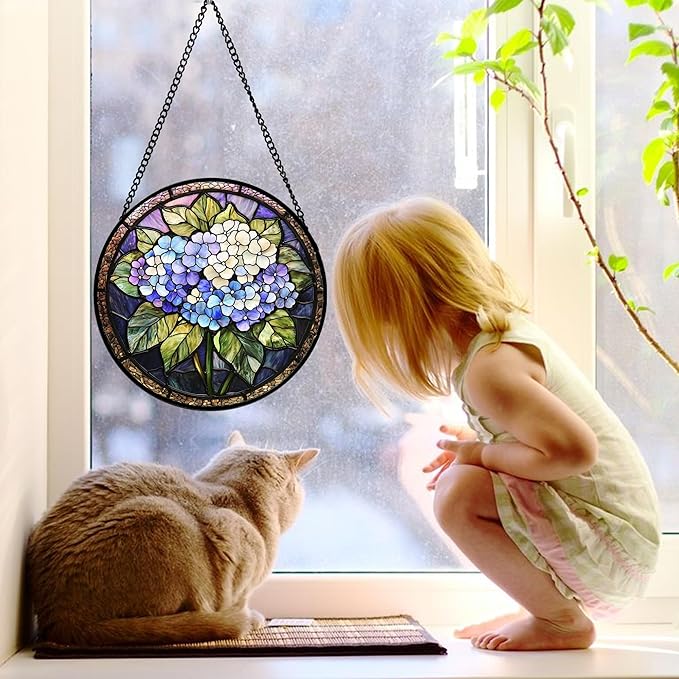 Stained Glass Window Hanging, Hydrangea Flowers Sun Catchers Diamond Glass Panel Hangings Plant Suncatcher Decor for Birthday for Women, Men, Wife, Aunt, and Mom 7.8 in