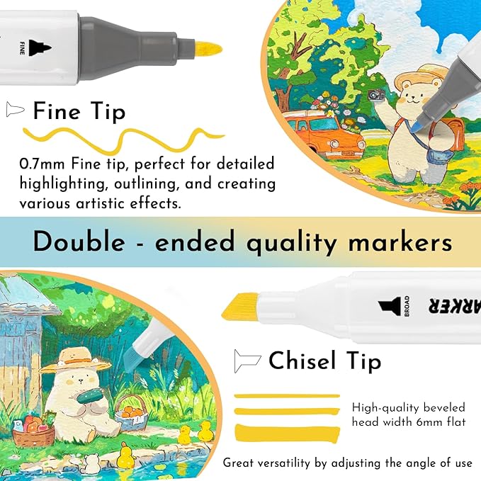 ABEIER Alcohol Markers, 48 Colors Dual Tip (Fine & Chisel) Art, Coloring Markers for Adults, Ideal for Book Drawing Sketching Painting, Card Making