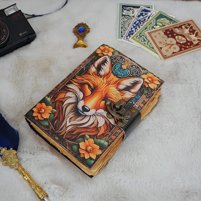 Book of Shadows Fox Print Grimoire Journal Witchcraft Supplies Witch Spell for Men & Women 200 Pages with Lock Clasp Vintage Handmade Deckle Edge Paper, Leather Sketchbook, Gifts