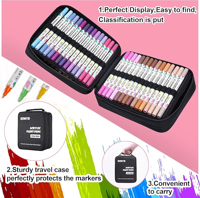 120 Colors Acrylic Paint Pens, Dual Tip Acrylic Paint Markers for Paper, Wood, Canvas, Stone, Rock Painting, Glass, Fabric, DIY, Ceramic, Art Supplies for Adults Drawing (Dot + Fine)