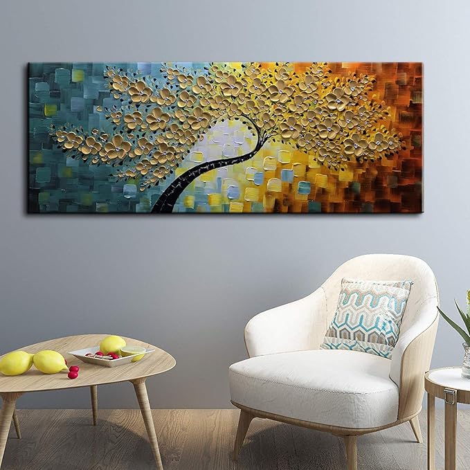 YaSheng Art -100% Hand Painted 3D Golden Flowers Contemporary Art Oil Painting On Canvas Texture Palette Knife Tree Paintings Home Dining Room Living Room Wall Decor Large Abstract Canvas Art Paintings 24x60inch