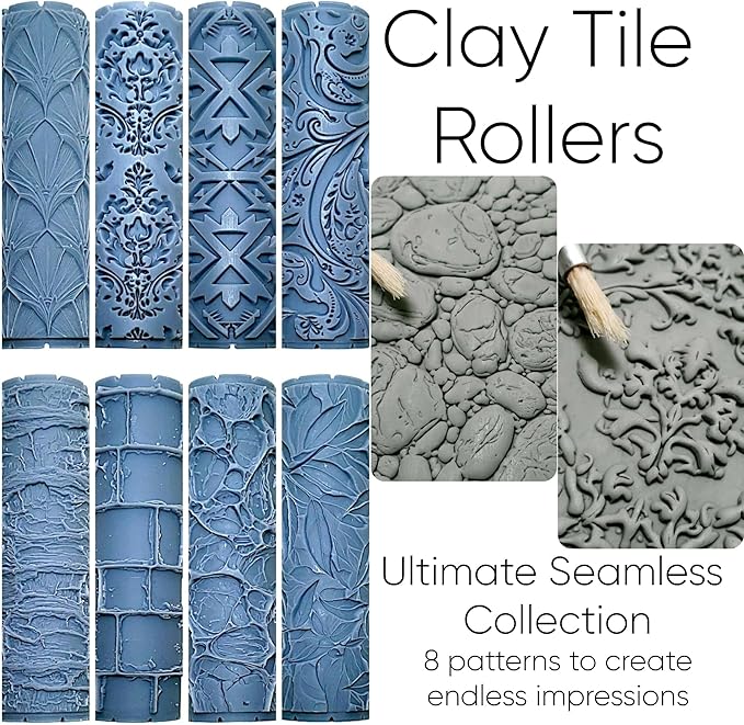 Ultimate Seamless Clay Texture Rollers 8-Set (4") - Seamless Set #01 - Embossing Pattern Rollers for Polymer & Ceramic Clay, Pottery & Crafts