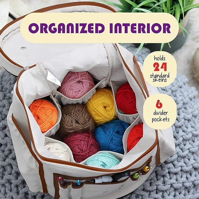 Hearth & Harbor Crochet Bag Organizer – Durable Knitting Bag, Yarn Organizer for Accessories and Supplies, Canvas Yarn Holder, Crochet Carrying Case with Accessories Pouch, Storage Organizer – Gray