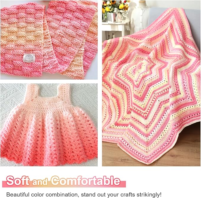 Aeelike Gradient Yarn, 6 Skeins Ombré Fairyland Yarn for Crocheting 100g (3.52 oz) 245m (267 Yards) # 3 Light Weight, Vibrant Cake Yarns for Making Colorful Blanket Scarves Hat, Pink Yellow Gradient