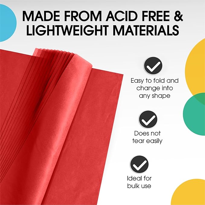 Party Solids Red Tissue Paper for Gift Bags - 20" X 30" Bulk Tissue Paper Red 480 Sheets - 10lb Newsprint for Packing, Birthday Gift Box Filler, Packing Supplies for Moving Supplies