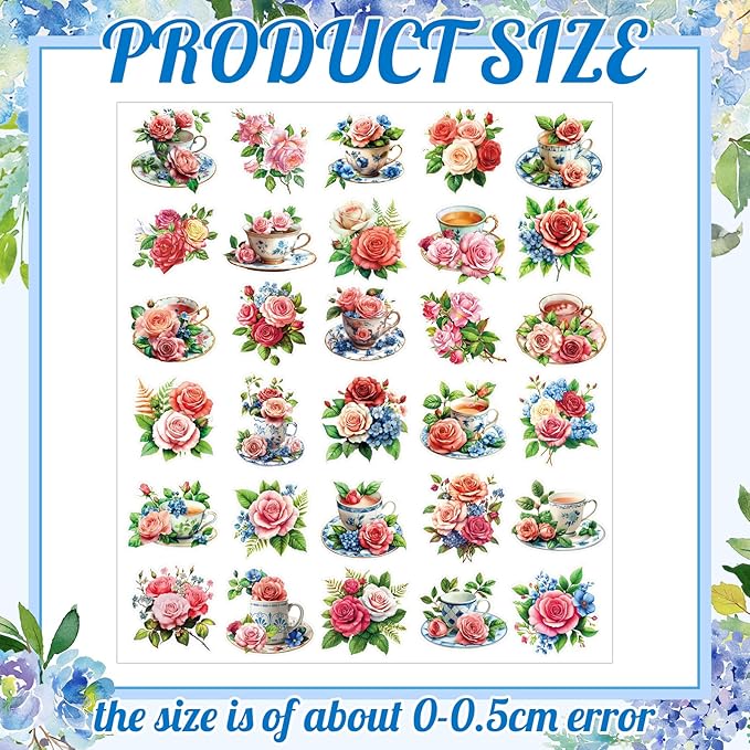 300 Pcs Rose Tea Cup Stickers Rustic Mini Teacup Stickers Tea Aesthetic Waterproof Vinyl Decals Pack for Water Bottles Scrapbooking Laptop Luggage Phone Skateboard