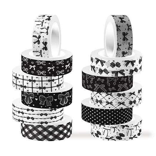12 Rolls of Black Bow Washi Tape, Black and White Decorative Tape, Masking Tape for Note Taking Supplies, Scrapbooking, DIY Crafts, Gift Wrap Supplies