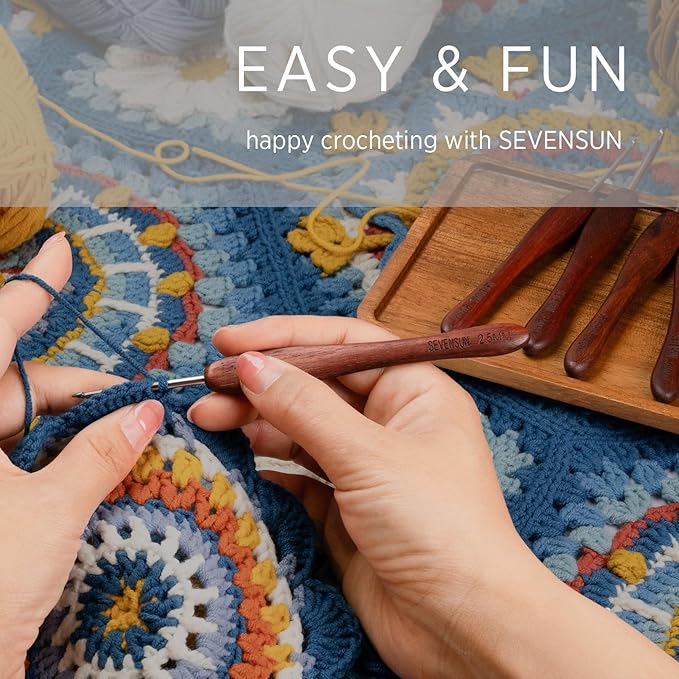 SEVENSUN Mimosa 0.6mm Single Crochet Hook, Available in 0.6mm-6.5mm, Ergonomic Hand Polished Stainless Steel Inline Pointy Wood Handle Crochet Hook for Arthritic Hands, Mother's Day Gifts for Mom