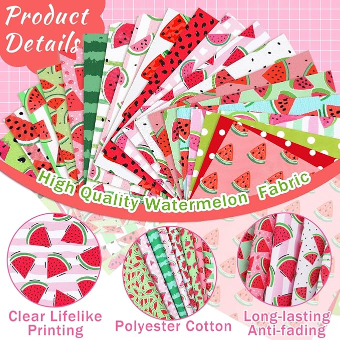 HunnmingRe 20 Pcs 10''x10'' Watermelon Quilting Fabric Square Summer Watermelon Quiltted Fabric Bundle Multicolor Precuts Printed Patchwork Supplies for Holiday DIY Sewing Craft
