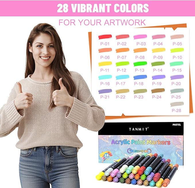 26 Colors Acrylic Paint Markers, Dual Tip Acrylic Paint Pens for Rock Painting, Black Paper, Wood, Canvas, Stone, Glass, Ceramic, DIY Crafts Making Art Supplies