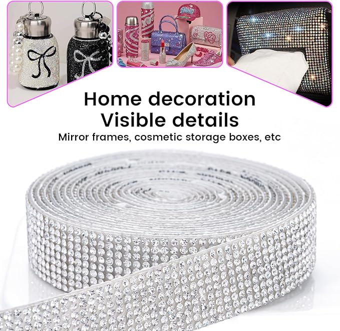 Novani Self Adhesive Rhinestone Ribbon, 0.78 Inch Wide 3 Yards 1 Roll, Silver Crystal Diamond Bling Strips for DIY Crafts,Home Decor,Glitter Glass Rhinestones for Crafting,Car Decoration
