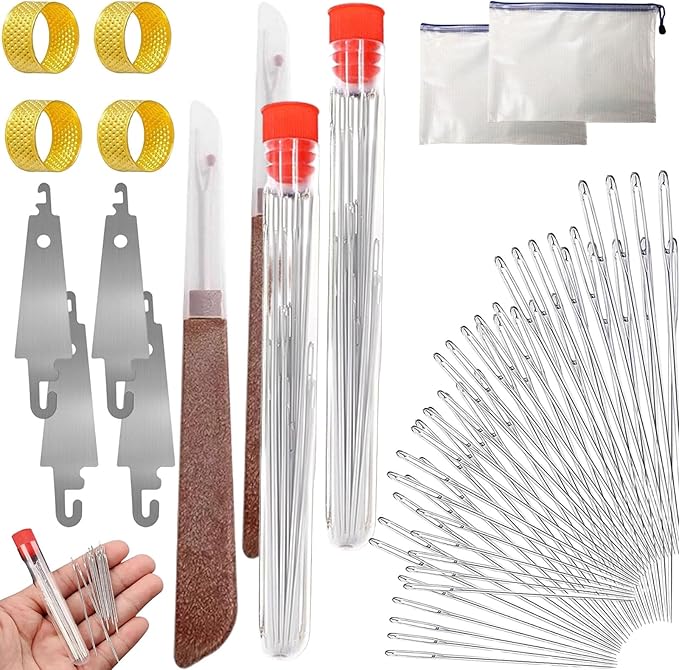 Big Eye Steel Sewing Needles Kit, 34PCS Big Eye Steel Needles Set, Portable Stainless Steel Needles for Hand Sewing, Long & Thin Handmade Quilting & Sewing Kit for DIY Sewing Projects (31 pcs kit *2)