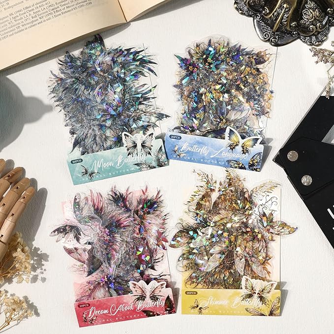 80-Piece Holographic Glitter Butterfly Art Stickers for Scrapbooking, Journaling, Resin Crafting – Waterproof Transparent Floral Fantasy Butterfly Decals