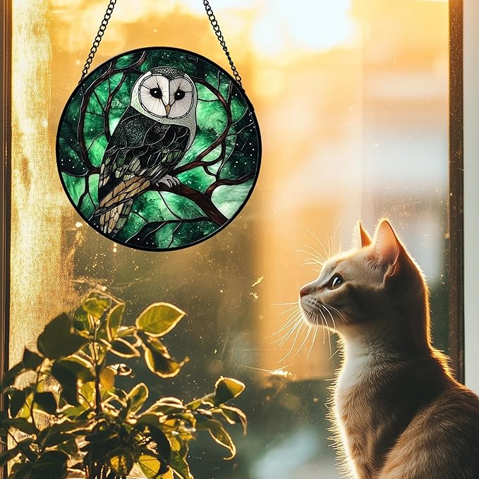 Stained Glass Window Hanging 4 Pcs Set Green Forest Night Sky Wildlife Large 15" - Suncatcher Door Garden Sun Catcher Decor Birthday for Mom Woman Nana Men Friend