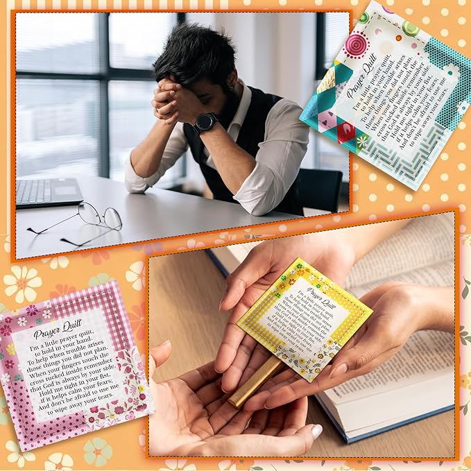 Pocket Prayer Quilt Panel Squares with Small Wooden Crosses Mini Scripture Pocket Prayer Quilt for Friend Family Religious Spiritual Gift Easter Reward Gift(Vivid1,Burlywood)