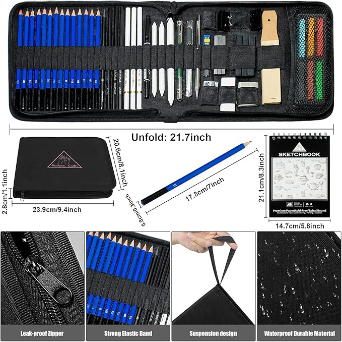 50pcs Sketching Drawing Pencils Set Art Supplies | Sketch pencils,Graphite,Charcoal,Sketch book,Drawing supplies | In Black Zipper Case | For adults,teeage, Kids 9-12