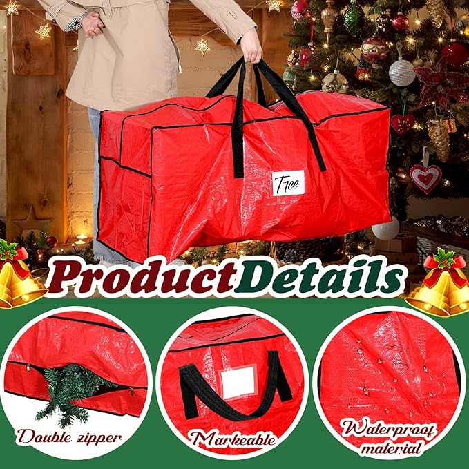 Amylove 4 Pcs Large Christmas Tree Storage Bags Heavy Duty Xmas Zippered Bags Bulk Waterproof Plastic Christmas Tree Container with Carry Handles(7.5 ft,Red)