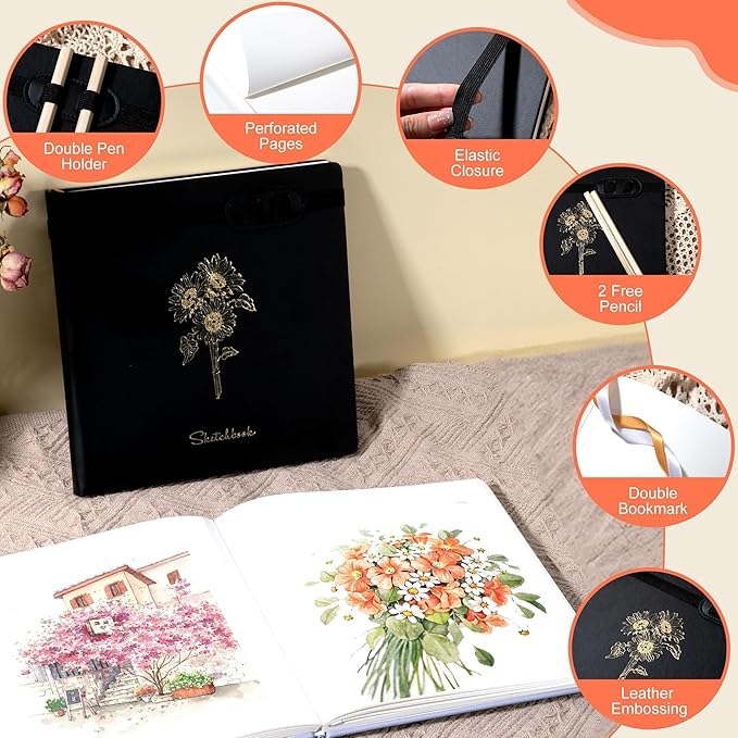 Yoment Hardcover Sketch Book, Sketchbook for Drawing with 2 Pencils, 150GSM Thick Paper, Square Art Sketch Book Drawing Paper Book 160 Pages Sketch Pad Journal for Women Adults,Gift Boxed, Black
