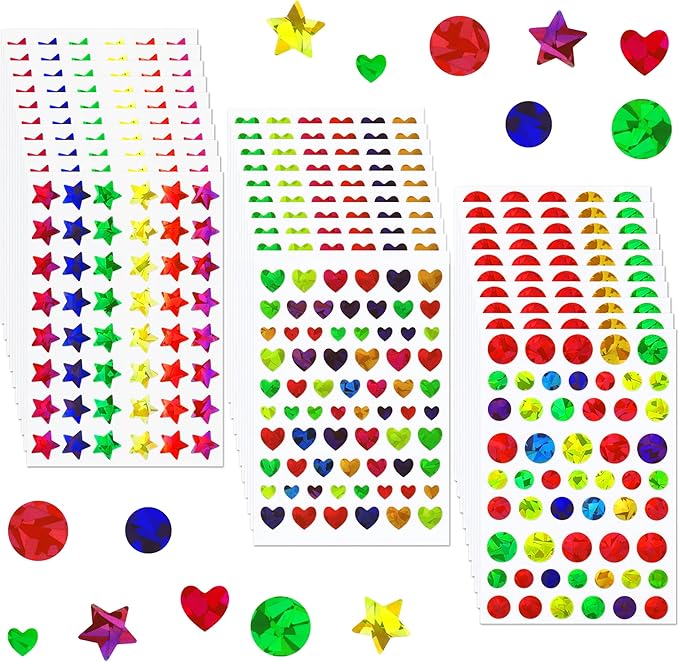 1710 Pcs Holographic Rainbow Stickers Sparkly Small Star Sticker, Varying Sizes Heart and Round Shaped for Kids Reward, Behavior Chart, Student Journal Decoration and School Classroom Teacher