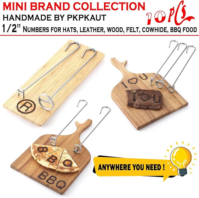 10Pcs Mini 1/2" Branding Irons, Number Custom Wood Branding Iron Personalized for Wood Working, Leather Hats, Felt, Cowhide, BBQ Brander & Bread Logo, Steak Branding Iron for Food