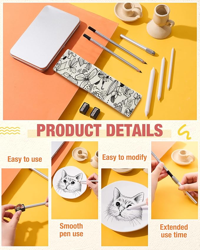 9 Pcs Underglaze Pencil Kits 2 Pcs Black Underglaze Pottery Pen for Ceramics with Blending Stump Pencil Extenders Sharpener Pen Case for Decorating Under Ceramic Pottery Bisque Ware