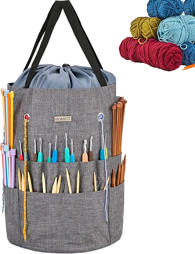 HOMEST Large Crochet Bag with Customized Front Compartment for Knitting Accessories, Yarn Storage with 6 Oversized Grommets, Tote Organizer with Drawstring Closure, Gray