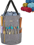 HOMEST Large Crochet Bag with Customized Front Compartment for Knitting Accessories, Yarn Storage with 6 Oversized Grommets, Tote Organizer with Drawstring Closure, Gray