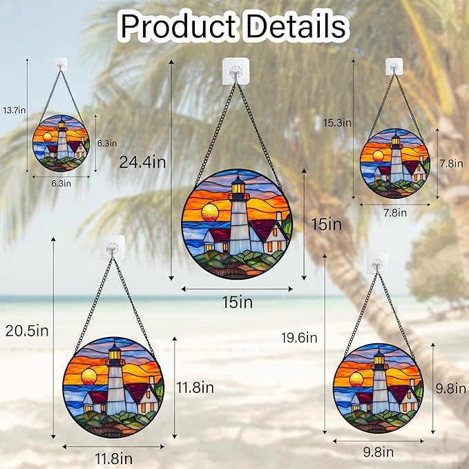 Stained Glass Window Hanging - Sea Lighthouse Suncatcher for Door Terrace Garden Home Decor Sunset Beach Scenery Sun Catcher Birthday Gifts for Lovers Women Men Dad Mom Nana 11.8 in