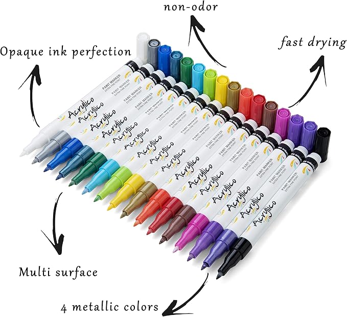 Acrylic Paint Markers Set of 16 Paint Pens – Fine Tip for Fabric, Rock, Metal, Ceramic, Adult Coloring & Art Projects – Art Supplies for Kids & Adults
