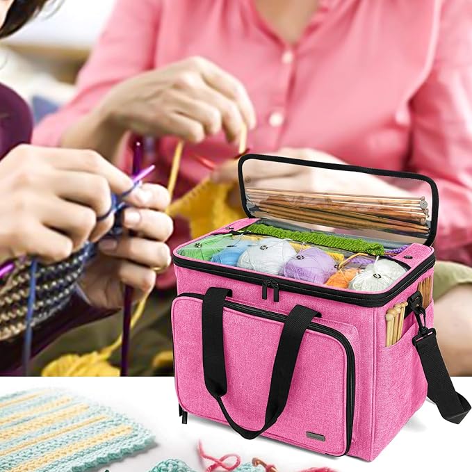 Teamoy Knitting Bag, Yarn Tote Organizer with Inner Divider (Sewn to Bottom) for Crochet Hooks, Knitting Needles(Up to 14”), Project and Supplies -No Accessories Included, Pink