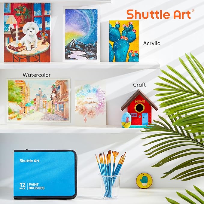 Shuttle Art 12 PCS Paint Brush Set with Case, Assorted Shapes & Sizes for Acrylic, Watercolor, Oil, and Gouache, Perfect Artist Brushes for Kids, Beginners, and Professionals, Ideal for Home or Travel