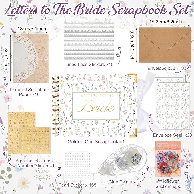 Humyoun 8.5 x 7 Inch Wedding Guest Book Letters to The Bride Scrapbook Wedding Memory Book Bridal DIY Blank Paper Scrapbook Photo Album Guest Sign with Pearl Stickers (133 Pcs,Wildflower)