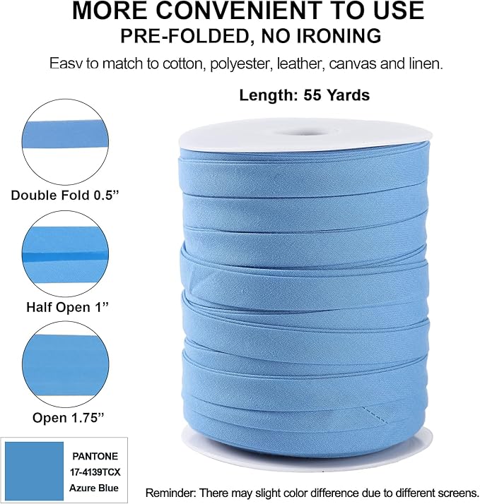 Bias Tape Double Fold 1/2 inch, Double Fold Bias Binding Tape 55 Yards (Blue) and 4 Pieces Sewing Fabric Chalks for Crafts, Sewing, Seaming, Hemming, Piping, Quilting.
