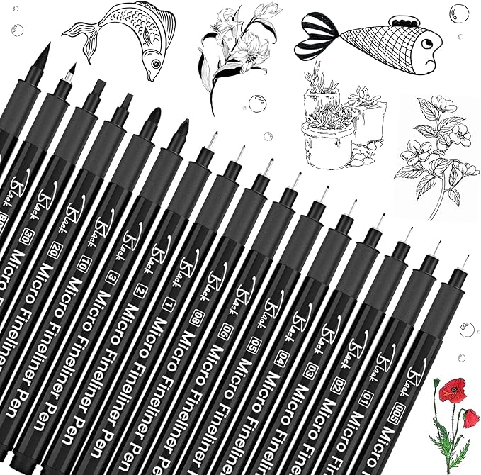 16 Black Micro Drawing Fineliner Art Pens for Calligraphy, Zentangle, Sketching, Manga & Anime, Bullet Journaling,Professional Artwork, Multiliner Archival Ink Waterproof Pen