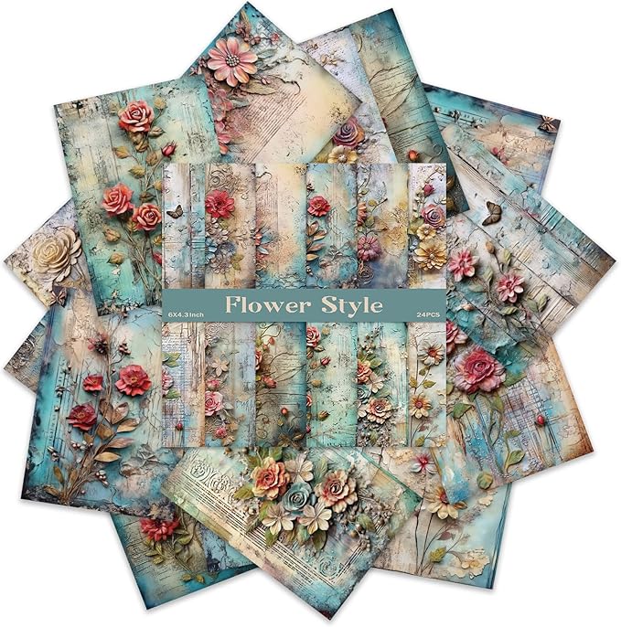 Scrapbook Paper,24 Sheets 6x4.3 Inch Floral scrapbook supplies,Single-Sided Vivid Origami Decoupage Paper for Diy Crafts, Card Making, Art Journaling
