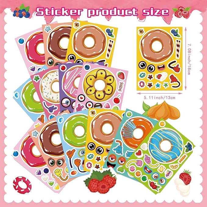 DUJAA 27 Sheets Donut Stickers for Kids, DIY Art Crafts, Make Your Own Donut Stickers, Mix and Match Sweets and Treats Fruit, Birthday Gifts, Teacher Reward
