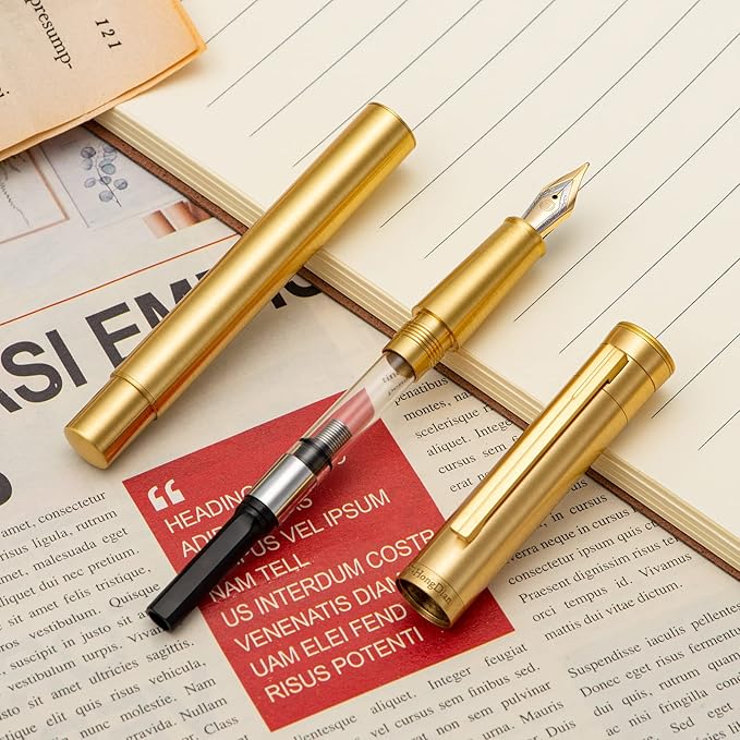 Hongdian Pure Brass Fountain Pen Bent Nib Fude Pen for Calligraphy Writing (Fine to Broad) with Refillable Converter and Metal Pen Box Set