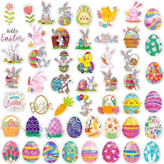 100 Pcs Holographic Easter Stickers,Easter Egg Stuffers Cute Bunny Rabbits Vinyl Waterproof Stickers Basket Stuffers Gifts