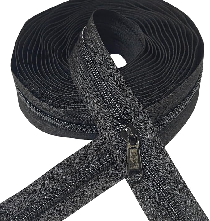 MebuZip #5 Nylon Coil Zippers by The Yard Bulk Zipper Roll Zipper Tape 10 Yards with 25pcs Pulls for Sewing Tailor DIY Craft Bags Pillows (Black 10Yards)