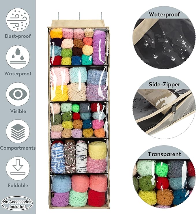 PACMAXI Hanging Yarn Storage Knitting Organizer Storage with 5 Compartments, Clear Wall Display Bulk Yarn Organizer for Knitting Needles, Crochet Hooks(Large Size) (linen)