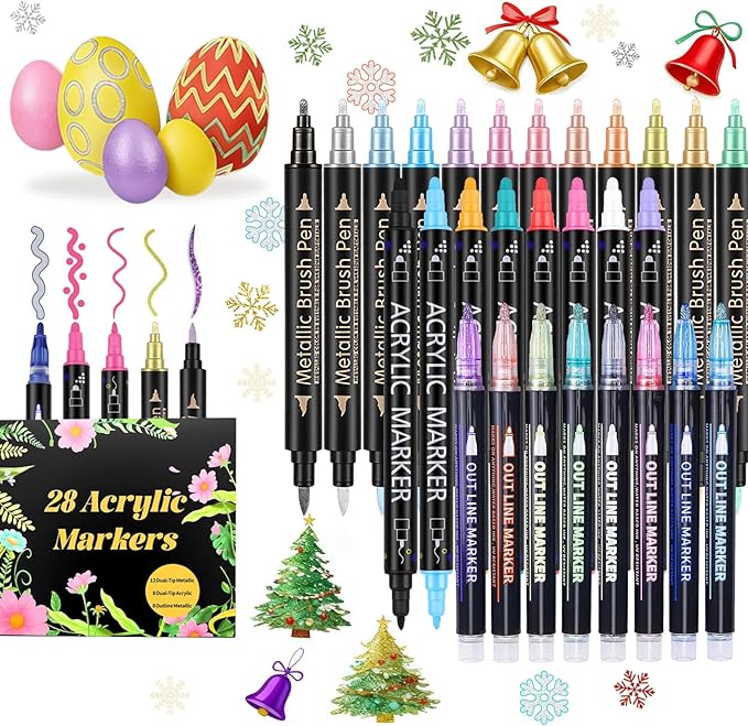 28 Acrylic Paint Markers, Acrylic Paint Pens Art Set - 12 Dual Tip Metallic, 8 Acrylic, 8 Outline Markers for Rock, Fabric and Glass, Christmas Gifts for Teens, Art Supplies for Kids Adults