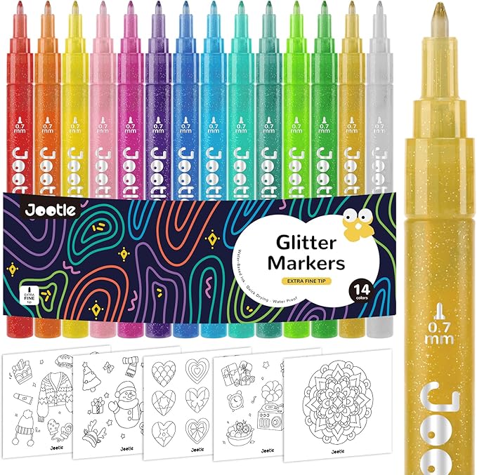 Glitter Acrylic Paint Markers 14 Colors– Metallic Paint Pens for Rock Painting, Wood, Ceramic, Paper & DIY Crafts – 0.7mm Fine Tip Glitter Markers for Scrapbooking, Card Making & Journaling