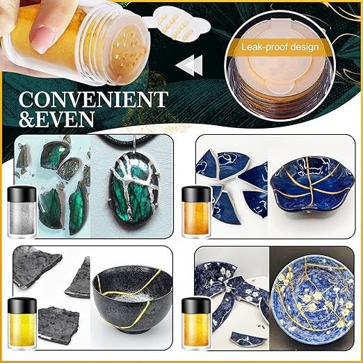 Kintsugi Repair Kit, Upgraded Food Safe Gold & Silver Kintsugi Kit for Broken Ceramics Kintsugi Gold Glue, Ceramic Glue for Pottery, Fast Curing Ceramic Repair Resin for Bowls, Cups, Vases, Saucers